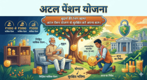 एक विस्तृत आधुनिक डिजिटल इन्फोग्राफिक, जो अटल पेंशन योजना (APY) के बारे में है। चित्र में एक बड़ा 'मनी ट्री' एक युवा व्यक्ति को सिक्के बोते हुए (असंगठित क्षेत्र, आयु 18-40) एक वृद्ध व्यक्ति से जोड़ता है जो एक सुरक्षित बेंच पर 'सुकून' के साथ बैठा है। मुख्य टेक्स्ट में लिखा है: 'बुढ़ापे की टेंशन खत्म! अटल पेंशन योजना से सुरक्षित करें अपना कल।' इसमें '₹1000 से ₹5000 मासिक पेंशन', 'निश्चित मासिक पेंशन', 'योगदान', 'सुरक्षित भविष्य', और 'आज का निवेश' के आइकन और लेबल शामिल हैं। पृष्ठभूमि में एक सुरक्षित बैंक और बढ़ते हुए ग्राफ हैं। रंग चमकीले और आशावादी हैं।