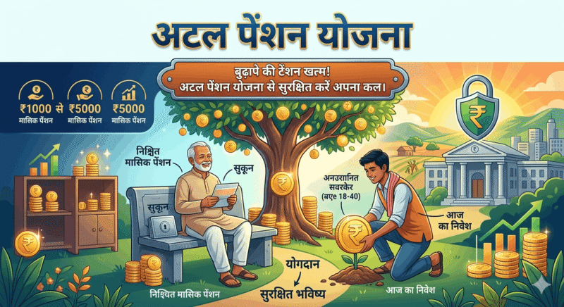 एक विस्तृत आधुनिक डिजिटल इन्फोग्राफिक, जो अटल पेंशन योजना (APY) के बारे में है। चित्र में एक बड़ा 'मनी ट्री' एक युवा व्यक्ति को सिक्के बोते हुए (असंगठित क्षेत्र, आयु 18-40) एक वृद्ध व्यक्ति से जोड़ता है जो एक सुरक्षित बेंच पर 'सुकून' के साथ बैठा है। मुख्य टेक्स्ट में लिखा है: 'बुढ़ापे की टेंशन खत्म! अटल पेंशन योजना से सुरक्षित करें अपना कल।' इसमें '₹1000 से ₹5000 मासिक पेंशन', 'निश्चित मासिक पेंशन', 'योगदान', 'सुरक्षित भविष्य', और 'आज का निवेश' के आइकन और लेबल शामिल हैं। पृष्ठभूमि में एक सुरक्षित बैंक और बढ़ते हुए ग्राफ हैं। रंग चमकीले और आशावादी हैं।
