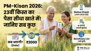 A featured image showing a smiling Indian farmer couple in a green field, looking at a smartphone screen with a green checkmark indicating PM-Kisan payment success. The image includes large Hindi and English text overlays with icons detailing how to check the 23rd installment status, complete mandatory e-KYC, and view the updated beneficiary list for 2026. The official PM-Kisan scheme logo is visible.