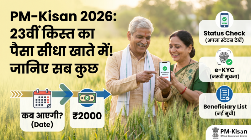 A featured image showing a smiling Indian farmer couple in a green field, looking at a smartphone screen with a green checkmark indicating PM-Kisan payment success. The image includes large Hindi and English text overlays with icons detailing how to check the 23rd installment status, complete mandatory e-KYC, and view the updated beneficiary list for 2026. The official PM-Kisan scheme logo is visible.