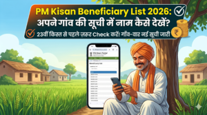 A smiling Indian farmer sits on a traditional charpoy bed in a sunlit farmhouse courtyard, holding a smartphone. The phone screen displays a successful status update for the 23rd PM Kisan installment. Overlay text in Hindi reads: 'PM Kisan Status Check 2026: Check in 2 minutes easily from home'. Icons represent various check methods.