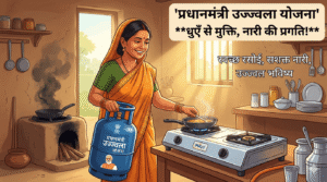 एक ग्रामीण भारतीय महिला स्वच्छ रसोई में पीएमयूवाई (PMUY) एलपीजी चूल्हे पर खाना बनाते हुए मुस्कुरा रही है। उसने उज्ज्वला योजना का लोगो लगा हुआ गैस सिलेंडर पकड़ा हुआ है। पीछे उसका पुराना, धुआँ देने वाला चूल्हा बंद पड़ा है। इमेज पर 'प्रधानमंत्री उज्ज्वला योजना' और 'धुएँ से मुक्ति, नारी की प्रगति!' टेक्स्ट लिखा है।
