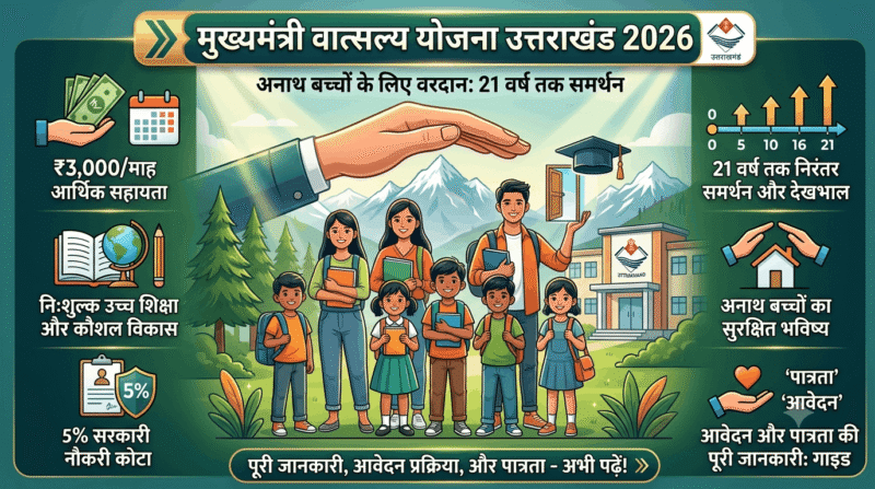 मुख्यमंत्री वात्सल्य योजना उत्तराखंड 2026 — अनाथ बच्चों को 21 वर्ष तक ₹3,000/माह, Free Education और 5% सरकारी नौकरी Quota | Apply और पात्रता की पूरी जानकारी मुख्यमंत्री वात्सल्य योजना उत्तराखंड 2026