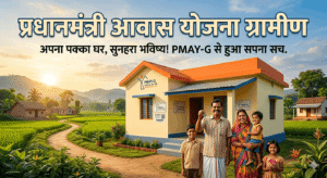A vibrant photograph of a joyful Indian rural family standing proudly in front of their newly built, durable pucca house under Pradhan Mantri Awas Yojana - Gramin (PMAY-G) in a picturesque village with rolling green fields, hills, and a sunrise sky. Prominent Hindi text reads: "प्रधानमंत्री आवास योजना ग्रामीण" and the catchy hook: "अपना पक्का घर, सुनहरा भविष्य! PMAY-G से हुआ सपना सच."