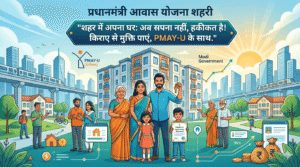 एक विस्तृत डिजिटल इन्फोग्राफिक जिसमें एक खुशहाल भारतीय परिवार को प्रधानमंत्री आवास योजना शहरी (PMAY-U) के तहत एक आधुनिक शहरी अपार्टमेंट परिसर के सामने अपने नए घर की चाबियां और स्वीकृत आवेदन पत्र (Application Approved) पकड़े हुए दिखाया गया है। पृष्ठभूमि में शहर की गगनचुंबी इमारतें, मेट्रो ट्रेन, अन्य लाभार्थी और वित्तीय सब्सिडी को दर्शाते हुए रुपये के बैग और विकास के ग्राफ़ हैं।