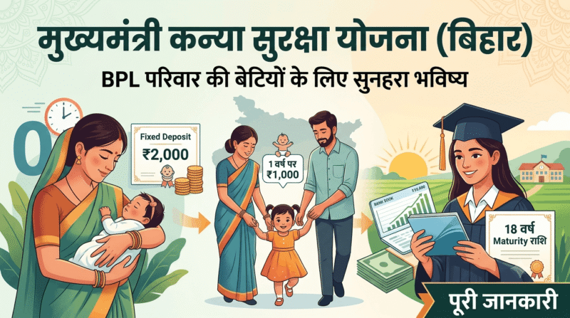 मुख्यमंत्री कन्या सुरक्षा योजना 2026 (बिहार) — BPL परिवार की बेटी के जन्म पर ₹2,000 Fixed Deposit + 1 वर्ष पर ₹1,000 | 18 वर्ष पर Maturity राशि | पूरी जानकारी मुख्यमंत्री कन्या सुरक्षा योजना 2026