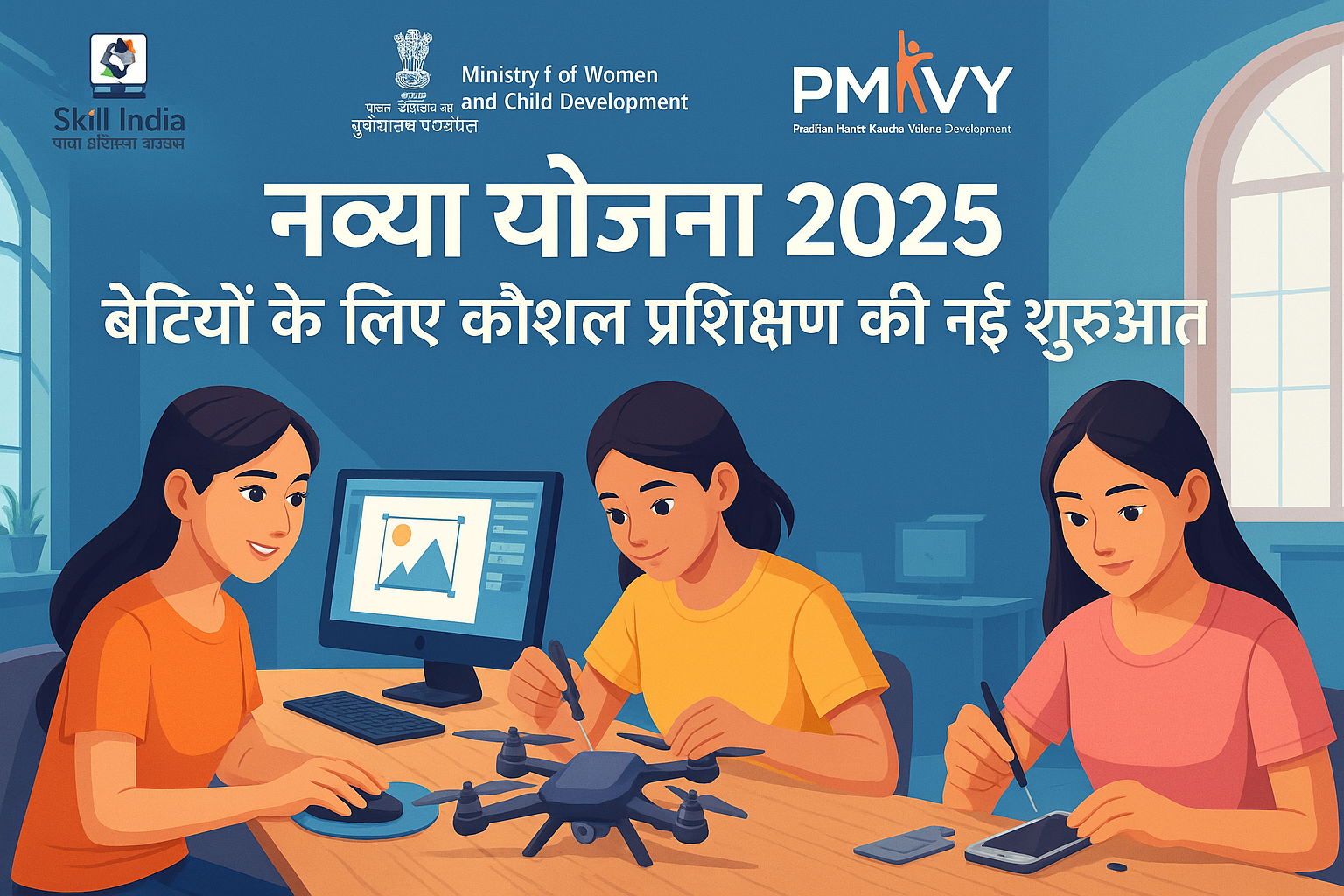 Navya Yojana 2025 poster showing girls learning modern skills like drone assembling and graphic designing