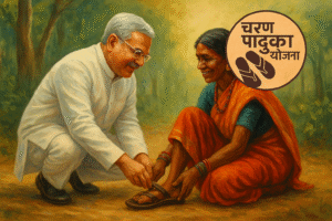एक ग्रामीण आदिवासी महिला को चप्पल पहनाते हुए सफेद कुर्ता पहने हुए मुख्यमंत्री, पृष्ठभूमि में हरा-भरा जंगल और ऊपर “चरण पादुका योजना” का लोगो।