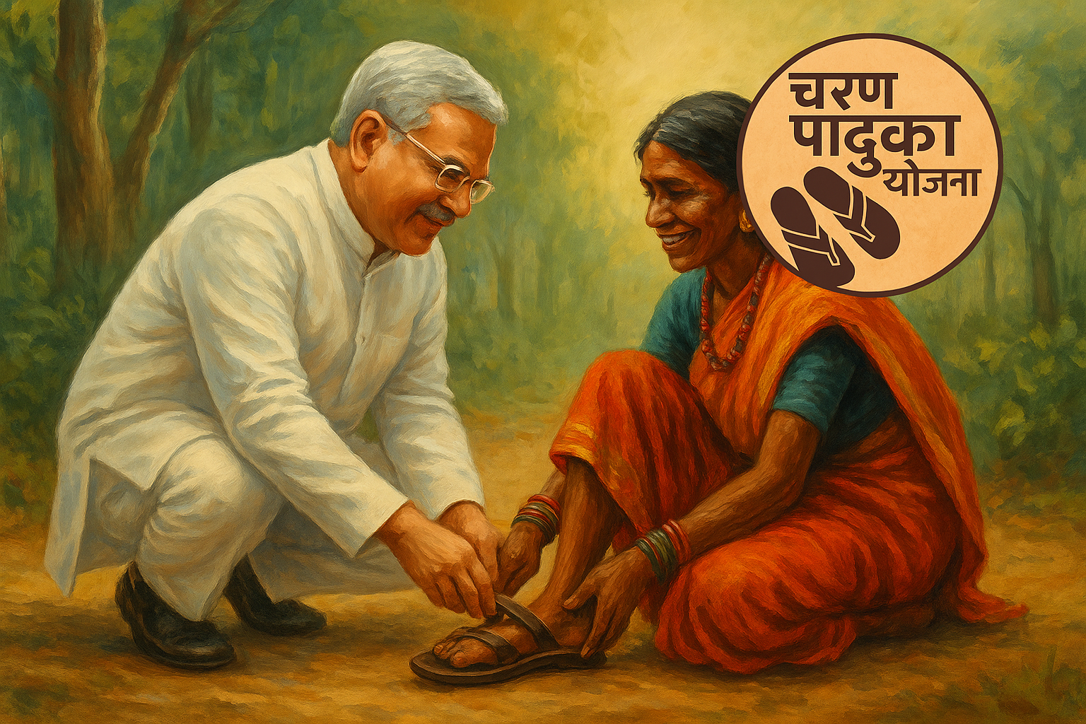 एक ग्रामीण आदिवासी महिला को चप्पल पहनाते हुए सफेद कुर्ता पहने हुए मुख्यमंत्री, पृष्ठभूमि में हरा-भरा जंगल और ऊपर “चरण पादुका योजना” का लोगो।