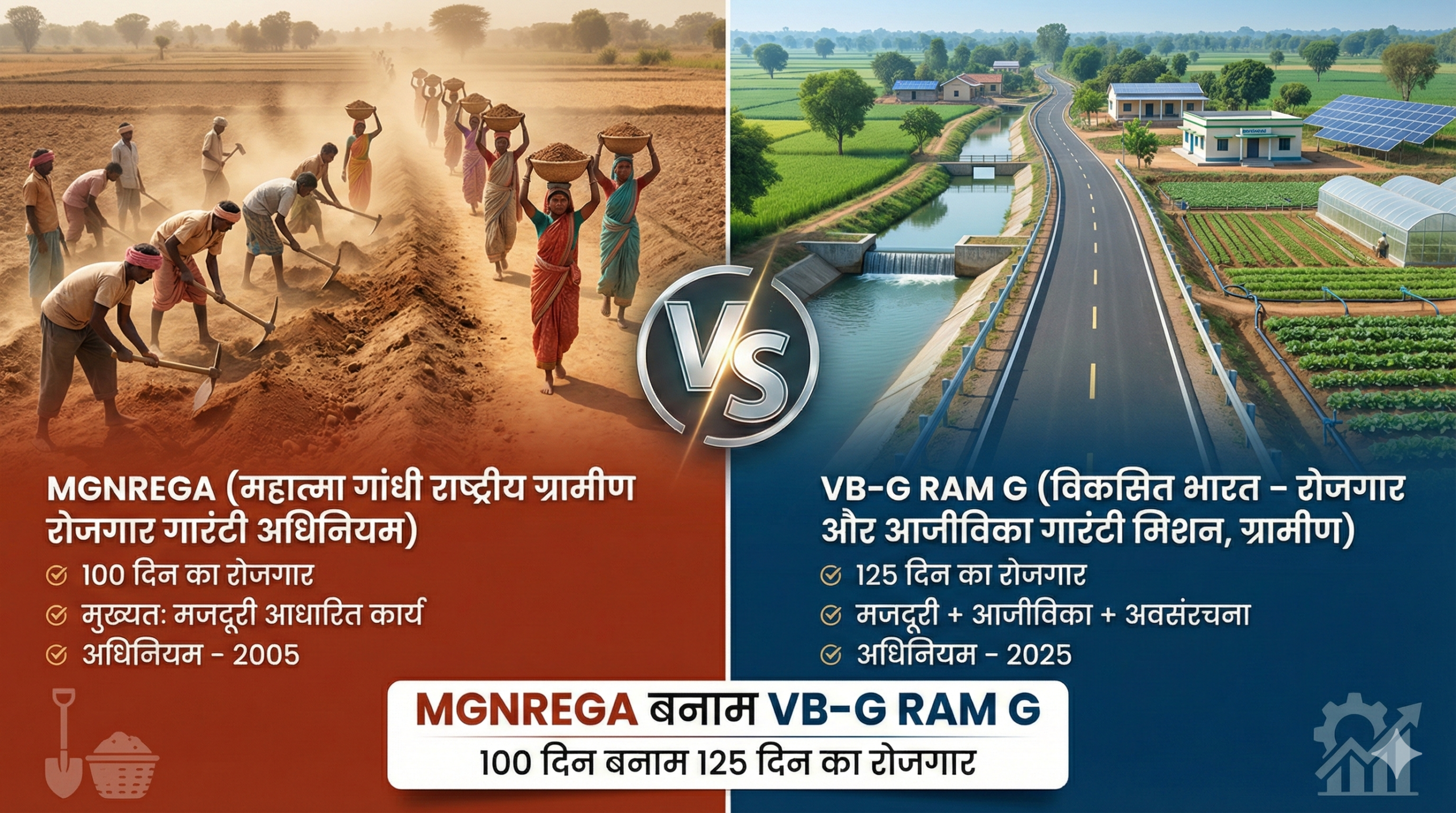 MGNREGA बनाम VB-G RAM G में अंतर – 100 दिन बनाम 125 दिन ग्रामीण रोजगार गारंटी अधिनियम 2025