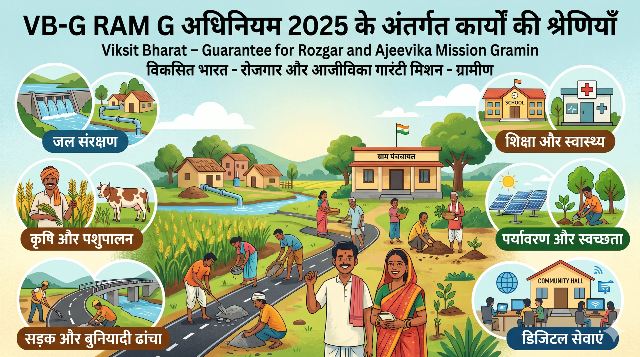 एक विस्तृत इन्फोग्राफिक जिसमें "VB-G RAM G अधिनियम 2025" के तहत आने वाले विभिन्न क्षेत्रों जैसे जल संरक्षण, कृषि और पशुपालन, बुनियादी ढांचा, स्वास्थ्य, शिक्षा और डिजिटल सेवाओं को एक जीवंत भारतीय गाँव के परिवेश में दिखाया गया है।