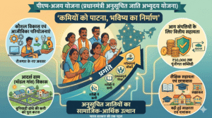 एक विस्तृत हिंदी इन्फोग्राफिक जो 'पीएम-अजय योजना (प्रधानमंत्री अनुसूचित जाति अभ्युदय योजना)' को दर्शाता है। केंद्र में लाभार्थियों का एक समूह है, जिसके साथ ऊपर की ओर जाता हुआ एक प्रगति का तीर (Progress Arrow) है। तीर पर 'गरीबी में कमी', 'गुणवत्तापूर्ण शिक्षा', और 'गरिमापूर्ण जीवन' के आइकन बने हैं। इन्फोग्राफिक के चारों ओर चार मुख्य योजनाएं हैं: 1. 'कौशल विकास एवं आजीविका परियोजनाएं', 2. 'आय संपत्तियों के लिए वित्तीय सहायता' (₹50,000 तक सब्सिडी), 3. 'आदर्श ग्राम विकास' (बुनियादी ढांचा), और 4. 'शैक्षिक सहायता एवं छात्रावास'। शीर्ष पर 'कमियों को पाटना, भविष्य का निर्माण' का नारा और पृष्ठभूमि में भारत का नक्शा है।