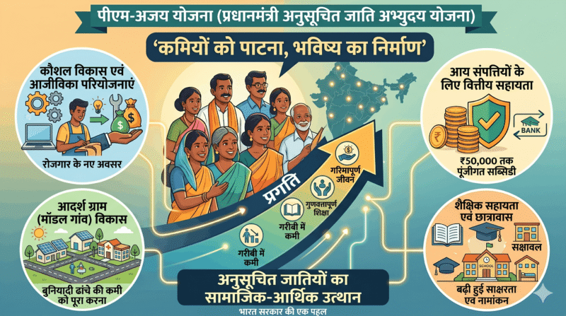 एक विस्तृत हिंदी इन्फोग्राफिक जो 'पीएम-अजय योजना (प्रधानमंत्री अनुसूचित जाति अभ्युदय योजना)' को दर्शाता है। केंद्र में लाभार्थियों का एक समूह है, जिसके साथ ऊपर की ओर जाता हुआ एक प्रगति का तीर (Progress Arrow) है। तीर पर 'गरीबी में कमी', 'गुणवत्तापूर्ण शिक्षा', और 'गरिमापूर्ण जीवन' के आइकन बने हैं। इन्फोग्राफिक के चारों ओर चार मुख्य योजनाएं हैं: 1. 'कौशल विकास एवं आजीविका परियोजनाएं', 2. 'आय संपत्तियों के लिए वित्तीय सहायता' (₹50,000 तक सब्सिडी), 3. 'आदर्श ग्राम विकास' (बुनियादी ढांचा), और 4. 'शैक्षिक सहायता एवं छात्रावास'। शीर्ष पर 'कमियों को पाटना, भविष्य का निर्माण' का नारा और पृष्ठभूमि में भारत का नक्शा है।