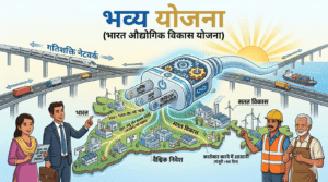 एक बहु-स्तरीय डिजिटल इन्फोग्राफिक जिसमें 'भव्य योजना (भारत औद्योगिक विकास योजना)' टेक्स्ट के साथ एक जीवंत आधुनिक डिजिटल चित्रण दिखाया गया है। केंद्र में एक विशाल भविष्यवादी 'प्लग' है जिसके प्रांग्स (Prongs) 'शक्ति (विद्युत)', 'जल', और 'डिजिटल कनेक्टिविटी' के लिए लेवल किए गए हैं, जो भारत के एक विस्तृत मानचित्र से जुड़ते हैं। मानचित्र पर mini-industrial पार्क, MSME क्षेत्र, इनोवेशन लैब और एक्सपोर्ट ज़ोन हैं। प्लग से निकलने वाली चमकती हुई नेटवर्क लाइनें लेबल की गई हैं: '100+ 'प्लग-एंड-प्ले' पार्क', 'सूक्ष्म, लघु और मध्यम उद्यमों (MSME) को बढ़ावा', 'वैश्विक निवेश', 'कारोबार करने में आसानी' (जिसके नीचे '(मंजूरी