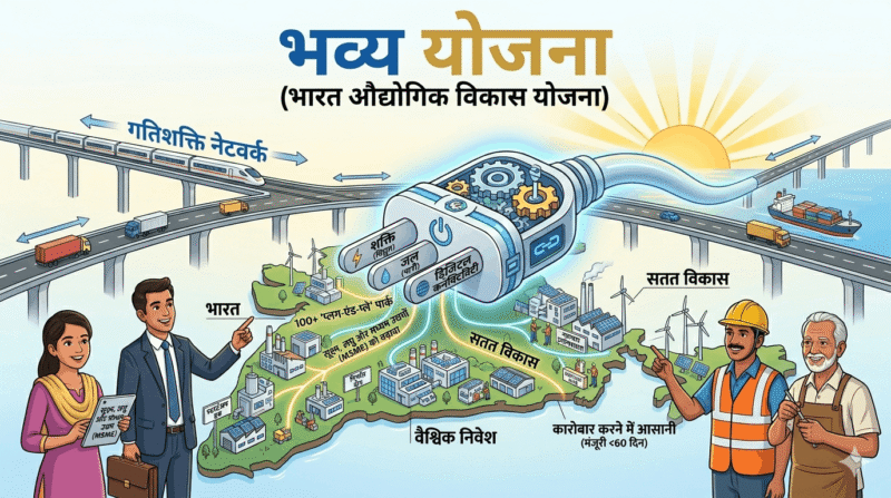 एक बहु-स्तरीय डिजिटल इन्फोग्राफिक जिसमें 'भव्य योजना (भारत औद्योगिक विकास योजना)' टेक्स्ट के साथ एक जीवंत आधुनिक डिजिटल चित्रण दिखाया गया है। केंद्र में एक विशाल भविष्यवादी 'प्लग' है जिसके प्रांग्स (Prongs) 'शक्ति (विद्युत)', 'जल', और 'डिजिटल कनेक्टिविटी' के लिए लेवल किए गए हैं, जो भारत के एक विस्तृत मानचित्र से जुड़ते हैं। मानचित्र पर mini-industrial पार्क, MSME क्षेत्र, इनोवेशन लैब और एक्सपोर्ट ज़ोन हैं। प्लग से निकलने वाली चमकती हुई नेटवर्क लाइनें लेबल की गई हैं: '100+ 'प्लग-एंड-प्ले' पार्क', 'सूक्ष्म, लघु और मध्यम उद्यमों (MSME) को बढ़ावा', 'वैश्विक निवेश', 'कारोबार करने में आसानी' (जिसके नीचे '(मंजूरी