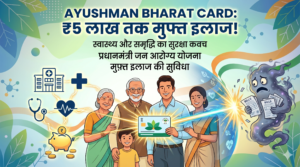 एक खुशहाल भारतीय परिवार आयुष्मान भारत कार्ड पकड़े हुए है, जो भारी मेडिकल बिलों से सुरक्षा और ₹5 लाख तक के मुफ्त इलाज (PMJAY) को दर्शा रहा है।