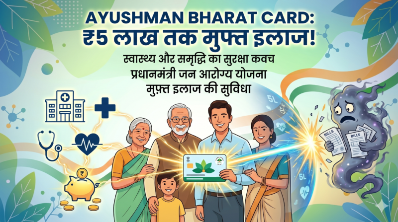 एक खुशहाल भारतीय परिवार आयुष्मान भारत कार्ड पकड़े हुए है, जो भारी मेडिकल बिलों से सुरक्षा और ₹5 लाख तक के मुफ्त इलाज (PMJAY) को दर्शा रहा है।