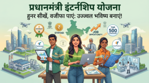 Feature image for "प्रधानमंत्री इंटर्नशिप योजना" (PM Internship Scheme). A modern digital illustration of diverse Indian youth collaborating in a workspace with icons representing stipend, certificate, skill development, and career growth, integrated with the title and hook 'Learn Skills, Get Stipend: Build a Bright Future!'