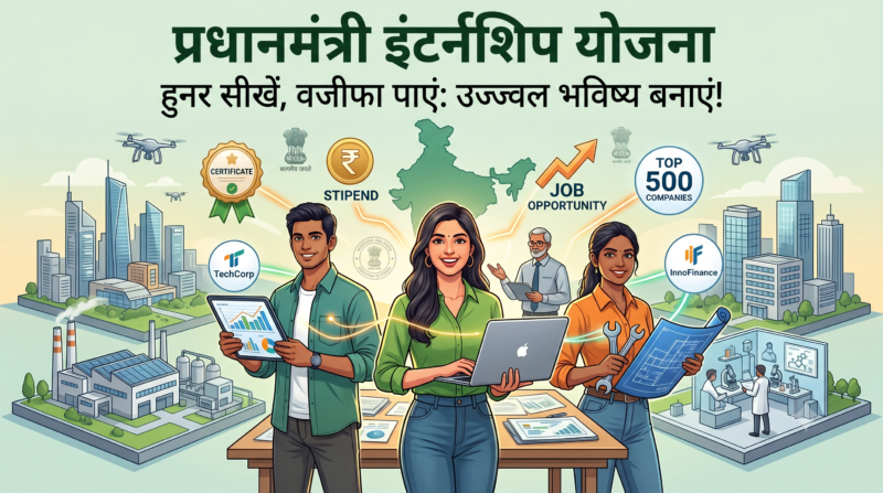 Feature image for "प्रधानमंत्री इंटर्नशिप योजना" (PM Internship Scheme). A modern digital illustration of diverse Indian youth collaborating in a workspace with icons representing stipend, certificate, skill development, and career growth, integrated with the title and hook 'Learn Skills, Get Stipend: Build a Bright Future!'