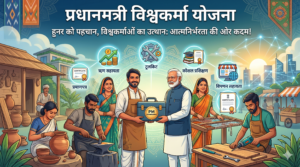 ब्लॉग पोस्ट "प्रधानमंत्री विश्वकर्मा योजना" के लिए फीचर्ड इमेज। एक आधुनिक डिजिटल चित्रण जिसमें विभिन्न पारंपरिक trades के भारतीय कारीगरों को आधुनिक उपकरण और प्रशिक्षण प्राप्त करते हुए, ऋण, विपणन और कौशल प्रशिक्षण समर्थन के आइकॉन के साथ दिखाया गया है। इसमें शीर्षक और हुक शामिल हैं: 'हुनर को पहचान, विश्वकर्माओं का उत्थान: आत्मनिर्भरता की ओर कदम!'।