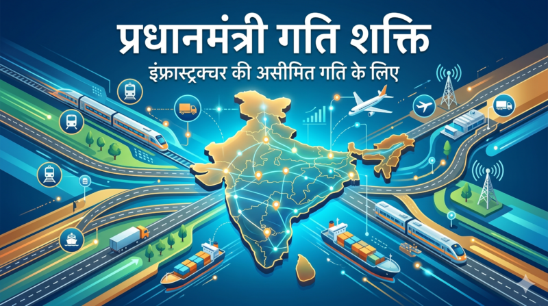 eature image for blog post, 'प्रधानमंत्री गति शक्ति', showing a futuristic master plan over India with seamless multi-modal infrastructure connectivity. (ब्लॉग पोस्ट के लिए फ़ीचर्ड इमेज, 'प्रधानमंत्री गति शक्ति', भारत के ऊपर एक भविष्य के मास्टर प्लान को दिखाती है, जिसमें निर्बाध मल्टी-मोडल इंफ्रास्ट्रक्चर कनेक्टिविटी है।)