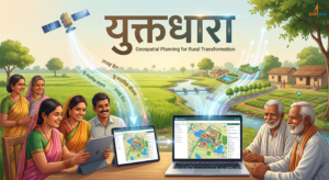 A collaborative group of Indian villagers using a geospatial planning portal on a laptop. Glowing data streams flow from a satellite into the device, transforming into holographic projections of integrated infrastructure projects over their village landscape, symbolizing smart development