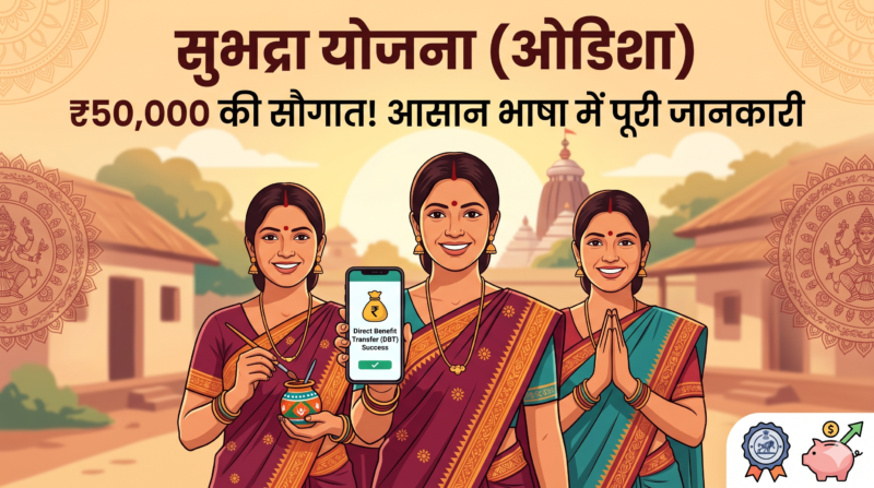 ओडिशा की मुस्कुराती महिलाओं का समूह, एक डिजिटल तिजोरी और 'सुभद्रा योजना (ओडिशा)' का बैनर, जो ₹50,000 की वित्तीय सहायता को दर्शा रहा है।