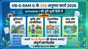 VB-G RAM G 2026 के 318 अनुमत कार्यों और Schedule I की पूरी सूची को दर्शाने वाला इन्फोग्राफिक, जिसमें बुनियादी ढांचा, कृषि, सामाजिक विकास और पर्यावरण जैसी 4 श्रेणियां शामिल हैं।