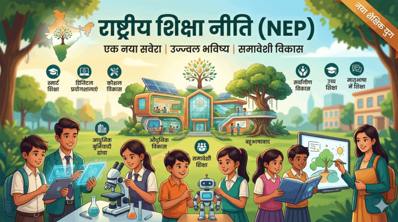 A vibrant illustrative feature image for a blog post titled "राष्ट्रीय शिक्षा नीति (NEP)". Diverse Indian students are smiling and engaged, interacting with modern educational technology like tablets with glowing interfaces and a small skill-building robot. A transformed, futuristic school building is in the background, surrounded by icons and text in Hindi representing NEP goals, such as Smart Education (स्मार्ट शिक्षा), Digital Labs (डिजिटल प्रयोगशालाएं), Skill Development (कौशल विकास), Modern Infrastructure (आधुनिक बुनियादी ढांचा), Inclusive Education (समावेशी शिक्षा), Multilingualism (बहुभाषावाद), and Holistic Development (सर्वांगीण विकास). The entire composition has an optimistic and innovative tone.राष्ट्रीय शिक्षा नीति 2020 (NEP)