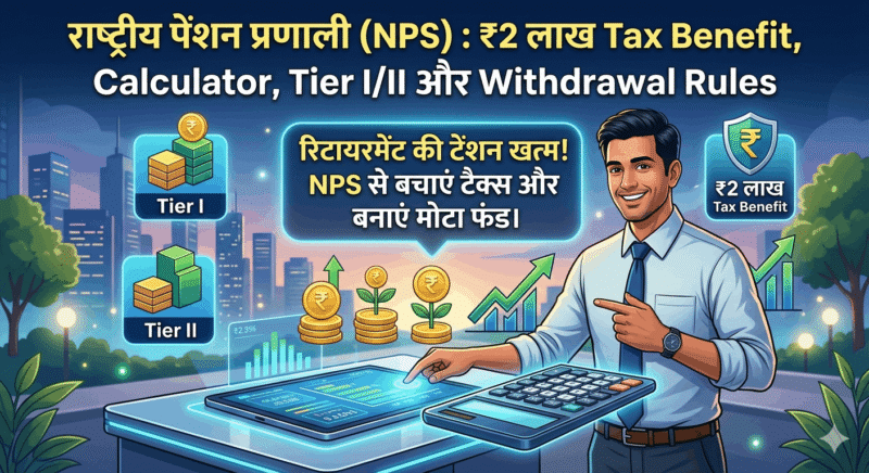 एक विस्तृत वित्तीय इन्फोग्राफिक फीचर इमेज जिसमें ' राष्ट्रीय पेंशन प्रणाली (NPS)' और '₹2 लाख Tax Benefit' टेक्स्ट के साथ एक आधुनिक 3D चित्रण दिखाया गया है। एक पुरुष निवेशक एक कैलकुलेटर का उपयोग कर रहा है, जिसके पास 'Tier I' और 'Tier II' लेबल वाले वित्तीय ब्लॉक हैं। पृष्ठभूमि में बढ़ते हुए सोने के सिक्के, टैक्स सेविंग को दर्शाती एक सुरक्षा शील्ड और एक ऊपर की ओर जाता हुआ ग्राफ है। केंद्र में टेक्स्ट हुक है: 'रिटायरमेंट की टेंशन खत्म! NPS से बचाएं टैक्स और बनाएं मोटा फंड'।