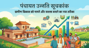 एक आधुनिक चित्रण वाली फीचर इमेज जो एक समृद्ध भारतीय गांव को दर्शाती है। बैकग्राउंड में एक बढ़ता हुआ ग्राफ विकास का प्रतीक है, जिसमें शिक्षा, स्वास्थ्य और बुनियादी ढांचे के आइकन हैं। ग्रामीण निवासी आशावाद के साथ प्रगति की ओर देख रहे हैं। हिंदी शीर्षक "पंचायत उन्नति सूचकांक" और टैगलाइन "गांवों के विकास को नई ऊंचाईयों तक ले जाने का साधन" दिखाई दे रही है।