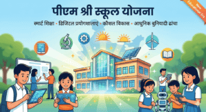 पीएम श्री स्कूल योजना को दर्शाने वाला एक आकर्षक इलस्ट्रेशन। इसमें एक आधुनिक और इको-फ्रेंडली स्कूल भवन (Green School) दिखाया गया है, जिसके ऊपर सौर ऊर्जा पैनल लगे हैं। बच्चे डिजिटल टैबलेट, स्मार्ट बोर्ड, माइक्रोस्कोप और रोबोटिक्स के माध्यम से आधुनिक शिक्षा प्राप्त कर रहे हैं। ऊपर हिंदी में 'पीएम श्री स्कूल योजना' और 'स्मार्ट शिक्षा, डिजिटल प्रयोगशालाएं, कौशल विकास, आधुनिक बुनियादी ढांचा' लिखा है।