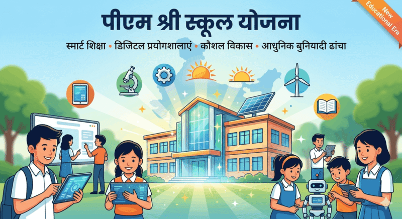पीएम श्री स्कूल योजना को दर्शाने वाला एक आकर्षक इलस्ट्रेशन। इसमें एक आधुनिक और इको-फ्रेंडली स्कूल भवन (Green School) दिखाया गया है, जिसके ऊपर सौर ऊर्जा पैनल लगे हैं। बच्चे डिजिटल टैबलेट, स्मार्ट बोर्ड, माइक्रोस्कोप और रोबोटिक्स के माध्यम से आधुनिक शिक्षा प्राप्त कर रहे हैं। ऊपर हिंदी में 'पीएम श्री स्कूल योजना' और 'स्मार्ट शिक्षा, डिजिटल प्रयोगशालाएं, कौशल विकास, आधुनिक बुनियादी ढांचा' लिखा है।