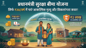 प्रधानमंत्री सुरक्षा बीमा योजना (PMSBY) का एक ज्ञानवर्धक इलस्ट्रेशन, जिसमें एक भारतीय परिवार एक सुरक्षात्मक ढाल के पीछे खड़ा है। ढाल पर 'दुर्घटना सुरक्षा कवरेज', 'केवल ₹20/वर्ष' और अन्य प्रमुख विशेषताएं जैसे आकस्मिक मृत्यु और विकलांगता कवर लिखी हैं। पृष्ठभूमि में ऑटो-रिक्शा, खेत में काम करते किसान और बाज़ार के दृश्य दैनिक जीवन के लिए सुरक्षा का संकेत देते हैं।