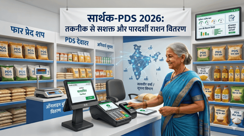A modern digital illustration of an intelligent and transparent digitized Public Distribution System (SARTHAK PDS 2026), featuring happy citizens interacting with tablets and a centralized smart counter to receive essential commodities seamlessly. A large sign with the title and hook is visible.