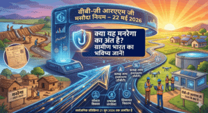 A futuristic digital illustration, divided into left (Before) and right (After) sections, depicting the transition from MGNREGA's traditional manual labor and paper job cards to the new VB-G RAM G framework of developed, sustainable villages, skilled workers with digital tablets, productive assets like a concrete water facility, and integrated digital infrastructure icons. A glowing central display shows the title 'VB-G RAM G 8 Draft Rules — 22 May 2026,' and below it, a large hook in a shield reads, 'IS THIS THE END OF MGNREGA? Know the Future of Rural India!' A pathway connects the old and new, and the background shows a dawn-like transition from cool blues on the left to warm golds on the right.