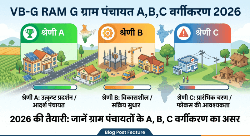 VB-G RAM G ग्राम पंचायत A,B,C वर्गीकरण 2026' को दर्शाने वाला एक विस्तृत इंफोग्राफिक। इसमें तीन श्रेणियां दिखाई गई हैं: श्रेणी A (उत्कृष्ट), श्रेणी B (विकासशील), और श्रेणी C (शुरुआती)। प्रत्येक श्रेणी के लिए विशिष्ट आइकॉन, जैसे ट्रॉफी, गियर और चेतावनी का उपयोग किया गया है।