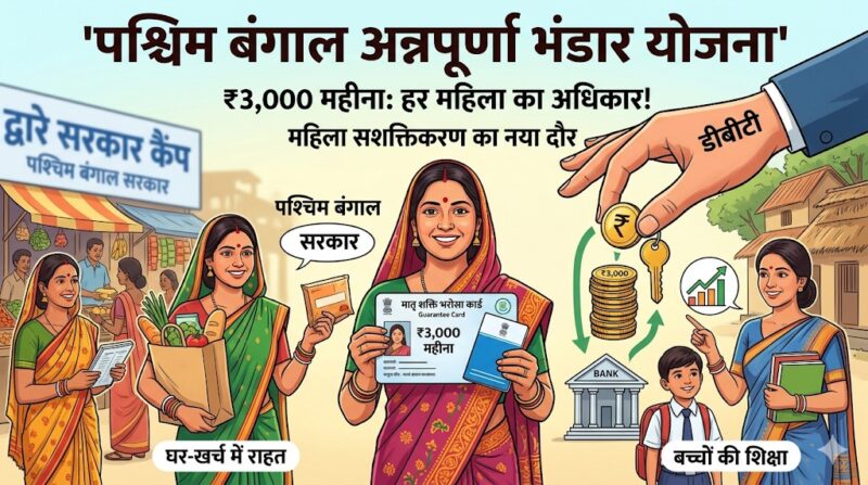 एक आकर्षक फीचर इमेज जिसमें पश्चिम बंगाल की कई खुशहाल महिलाओं को 'अन्नपूर्णा भंडार योजना' के लाभों के साथ दिखाया गया है, जिसमें '₹3,000 महीना' सीधे बैंक हस्तांतरण (DBT) और वित्तीय सशक्तिकरण को उजागर किया गया है।