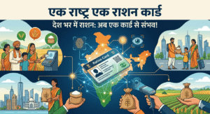 A modern digital illustration as a feature image for the blog post "एक राष्ट्र एक राशन कार्ड" (One Nation One Ration Card). The image features a stylized unified ration card at the center, connected by glowing data lines to an Indian map with portability indicators. Diverse Indian families are shown accessing rations seamlessly across different regions, from rural South India to North Indian cityscapes, utilizing biometrics and scanners. Text at the top reads "एक राष्ट्र एक राशन कार्ड" and the catchy hook is integrated below.