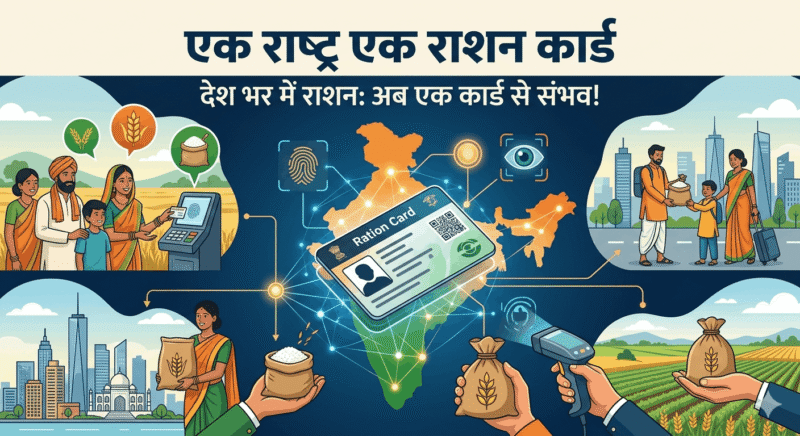 A modern digital illustration as a feature image for the blog post "एक राष्ट्र एक राशन कार्ड" (One Nation One Ration Card). The image features a stylized unified ration card at the center, connected by glowing data lines to an Indian map with portability indicators. Diverse Indian families are shown accessing rations seamlessly across different regions, from rural South India to North Indian cityscapes, utilizing biometrics and scanners. Text at the top reads "एक राष्ट्र एक राशन कार्ड" and the catchy hook is integrated below.