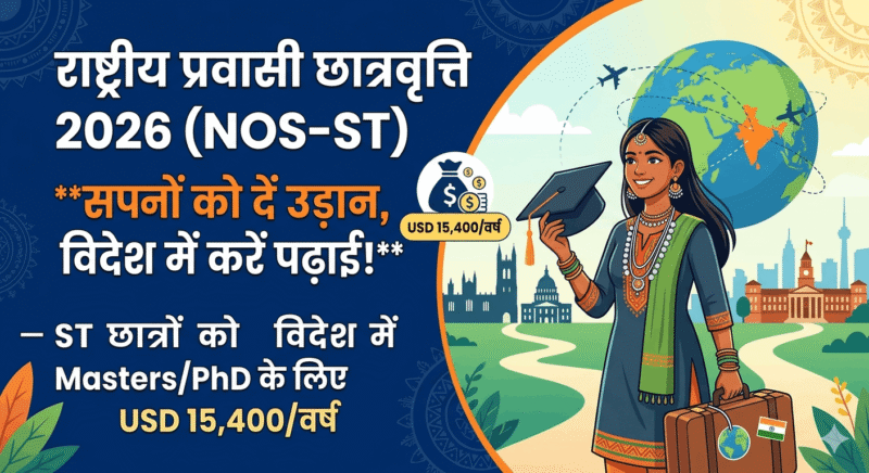 एक प्रेरक आधुनिक डिजिटल चित्रण जिसमें एक मुस्कुराते हुए अनुसूचित जनजाति (ST) के छात्र को सूटकेस और ग्लोब के साथ विदेश जाने की तैयारी करते हुए दिखाया गया है। पृष्ठभूमि में वैश्विक विश्वविद्यालयों की इमारतों के सिल्हूट हैं। मुख्य शीर्षक हिंदी में 'राष्ट्रीय प्रवासी छात्रवृत्ति 2026' और 'USD 15,400/वर्ष' की जानकारी के साथ लिखा है।
