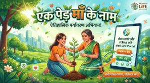 एक जीवंत डिजिटल चित्रण एक बेटी को उसकी माँ के साथ पौधा लगाते हुए दिखाता है, जो पास में मुस्कुरा रही है, एक सुंदर परिदृश्य में बाहरी रूप से खेतों और एक साफ शहर के साथ। शीर्ष पर टेक्स्ट "एक पेड़ माँ के नाम" और "ऐतिहासिक पर्यावरण अभियान!" पढ़ता है। दाईं ओर, एक शैलीबद्ध टैबलेट 'मेरी लाइफ पोर्टल' (Meri LiFE Portal) इंटरफ़ेस प्रदर्शित करता है, जो उपयोगकर्ताओं को "पौधा लगाएं और रजिस्टर करें" के लिए प्रोत्साहित करता है। कॉन्फेटी और चमकती पत्तियां हवा भरती हैं।
