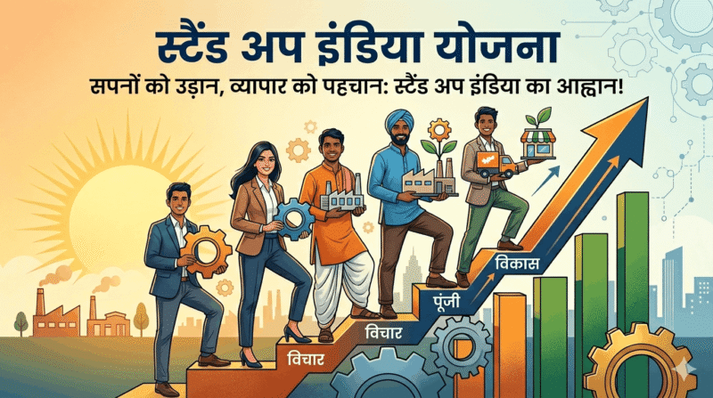 An illustrative infographic in Hindi titled "Stand Up India Scheme" depicting a diverse group of aspiring entrepreneurs climbing a series of steps towards growth. The image shows five individuals with varied backgrounds (men and women) ascending a bar graph that transitions from blue gears to green rising bars. Each step represents a stage: the first step is "Idea," the second is "Idea" with a factory model, the third is "Capital" with a farm-to-factory model, and the highest step is "Growth" with delivery models. A rising arrow points toward the highest peak, indicating success. The sun rises over a factory and city skyline in the background, symbolizing a new dawn for business. The central message states "Giving wings to dreams, recognition to business: The call of Stand Up India!"