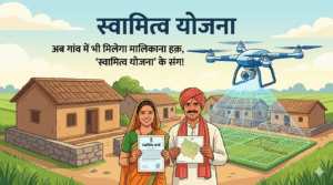 स्वामित्व योजना की फीचर इमेज जिसमें एक ग्रामीण भारतीय दंपति मुस्कुराते हुए अपना ड्रोन-मैप्ड स्वामित्व कार्ड और घर का नक्शा पकड़े हुए हैं। पृष्ठभूमि में एक ड्रोन गांव का सर्वेक्षण कर रहा है और डिजिटल मैपिंग ग्रिड दिखा रहा है।