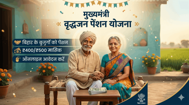 मुख्यमंत्री वृद्धजन पेंशन योजना बिहार की फीचर इमेज: एक खुशहाल बुजुर्ग दंपति अपने आंगन में बैठे हैं, उनके पास रुपयों की गड्डी है। इमेज पर हिंदी में 'मुख्यमंत्री वृद्धजन पेंशन योजना', '₹400/₹500 मासिक', और 'ऑनलाइन आवेदन करें' जैसे मुख्य बिंदु लिखे हैं। पृष्ठभूमि में सुनहरी धूप और बिहार के ग्रामीण परिवेश की झलक है।