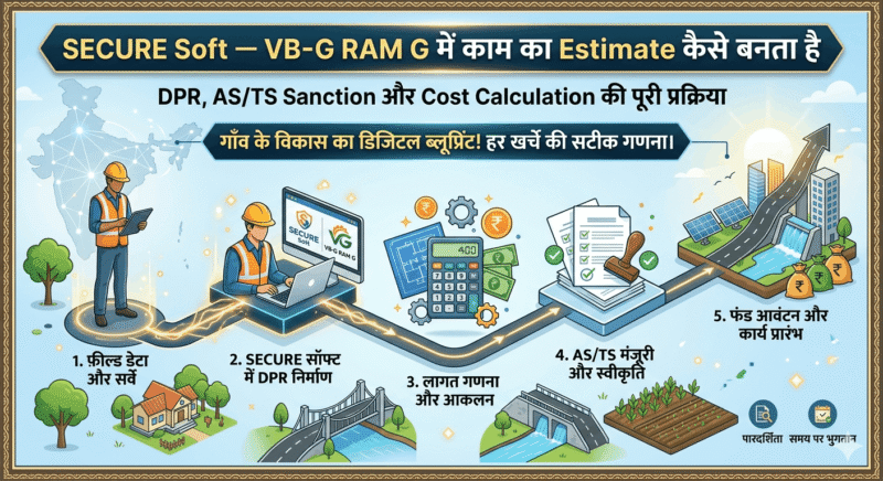 एक विस्तृत और आधुनिक फ़ीचर इमेज जिसमें 'SECURE Soft' के माध्यम से 'VB-G RAM G' योजना के तहत ग्रामीण विकास कार्यों के लिए फ़ील्ड डेटा संग्रह से लेकर DPR निर्माण, सटीक लागत गणना, और AS/TS स्वीकृति प्राप्त करने तक की पूरी प्रक्रिया को एक गाइड मैप के रूप में दिखाया गया है। एक प्रमुख बैनर में हुक लिखा है: 'गाँव के विकास का डिजिटल ब्लूप्रिंट! हर खर्चे की सटीक गणना।