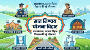 बिहार सरकार की 'सात निश्चय योजना' को दर्शाने वाला आधुनिक इन्फोग्राफिक चित्रण। चित्र में सात विकास क्षेत्रों के प्रतीक हैं: युवा रोजगार (Economic Solutions, Power to Youth), महिला सशक्तिकरण, हर घर बिजली, हर घर नल का जल, पक्की सड़कें, शौचालय निर्माण, और उच्च शिक्षा के अवसर।
