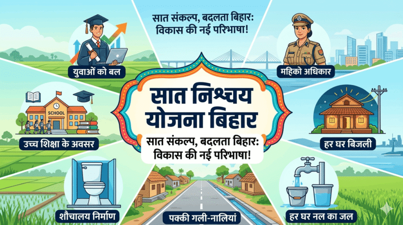 बिहार सरकार की 'सात निश्चय योजना' को दर्शाने वाला आधुनिक इन्फोग्राफिक चित्रण। चित्र में सात विकास क्षेत्रों के प्रतीक हैं: युवा रोजगार (Economic Solutions, Power to Youth), महिला सशक्तिकरण, हर घर बिजली, हर घर नल का जल, पक्की सड़कें, शौचालय निर्माण, और उच्च शिक्षा के अवसर।